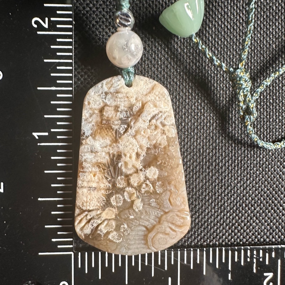 Coral Fossil Flower Agate Landscape Carving Pendant Necklace on Green Lotus Rope - Picture 9 of 10